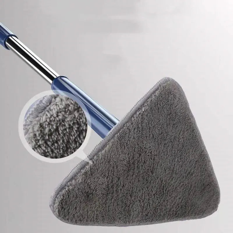Blue triangle cleaning mop with extendable stainless steel pole and 360-degree rotating head