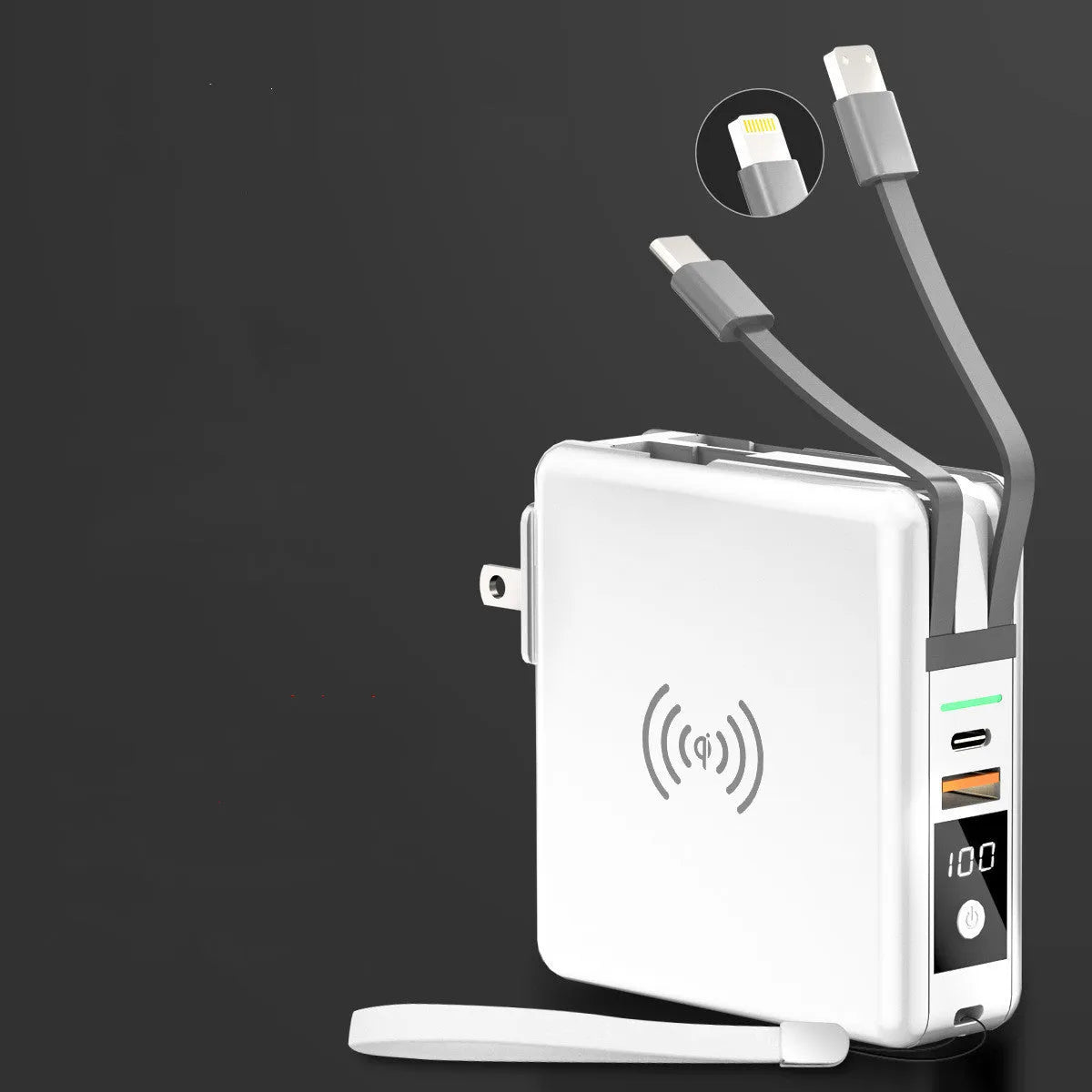 Black and white QI wireless charging power bank with PD20W fast charging and international travel plugs