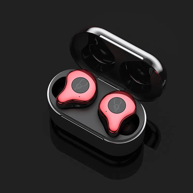 Wireless TWS Bluetooth earbuds in a charging case, shown in multiple colour options.