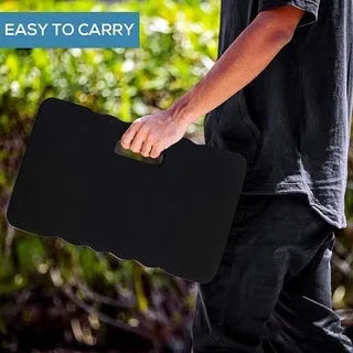 Blue plastic Eva foam garden kneeler pad on soil, showing dimensions for comfortable kneeling support.