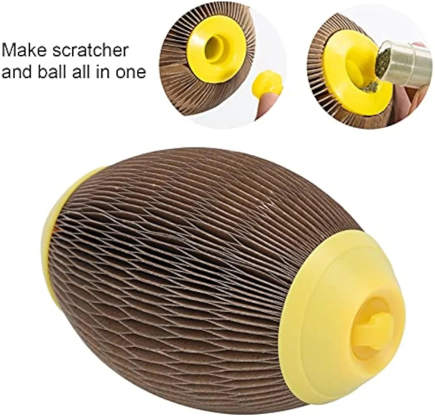 Ellipse-shaped corrugated paper catnip ball scratch toy on a plain background.