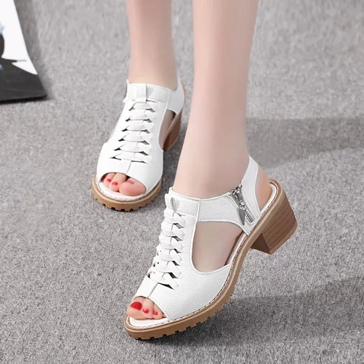 Women's retro sandals with side zipper in black, creamy white or white with mid-heel and beef tendon sole