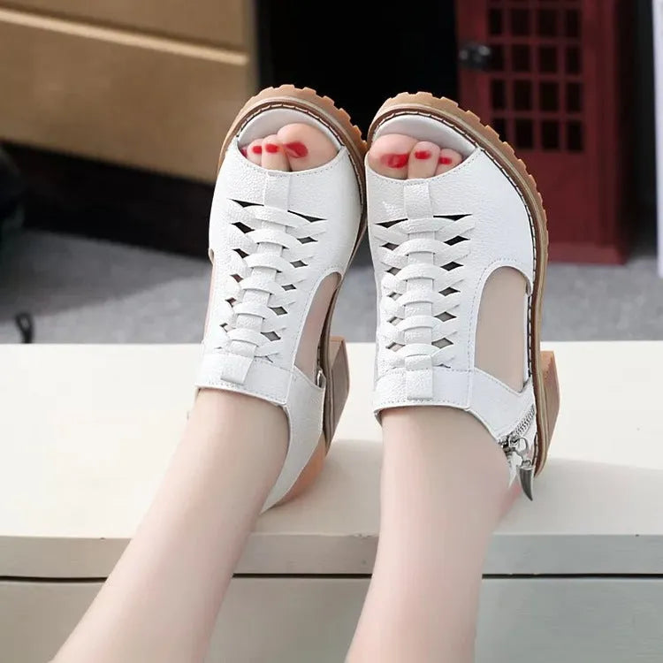 Women's retro sandals with side zipper in black, creamy white or white with mid-heel and beef tendon sole