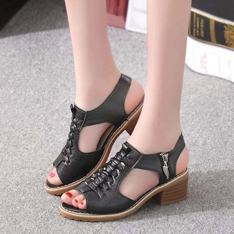 Women's retro sandals with side zipper in black, creamy white or white with mid-heel and beef tendon sole