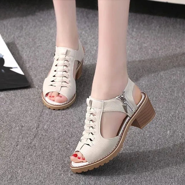Women's retro sandals with side zipper in black, creamy white or white with mid-heel and beef tendon sole