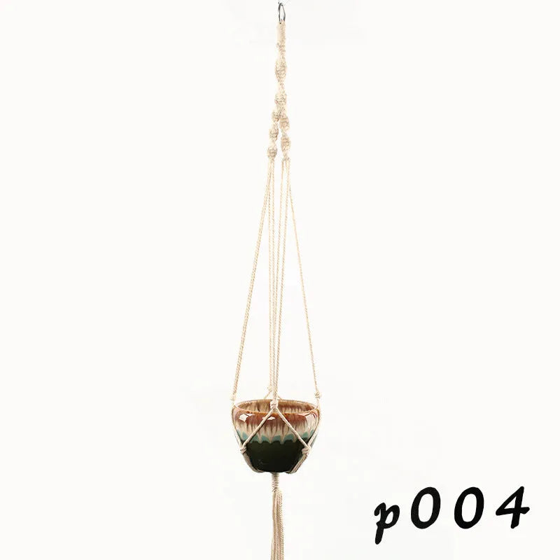 Woven wire plant hanger with cotton rope and jute twine in multiple style configurations