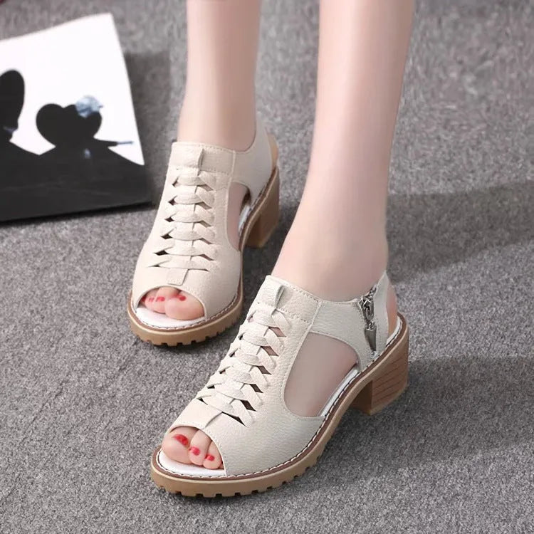 Women's retro sandals with side zipper in black, creamy white or white with mid-heel and beef tendon sole