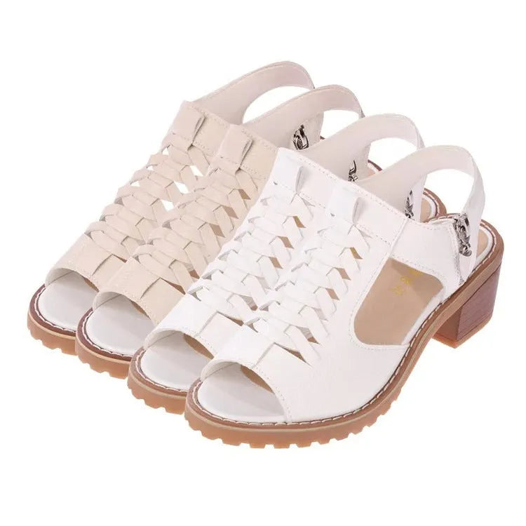 Women's retro sandals with side zipper in black, creamy white or white with mid-heel and beef tendon sole