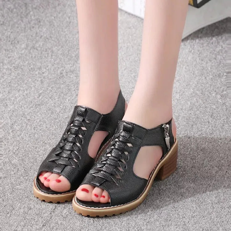 Women's retro sandals with side zipper in black, creamy white or white with mid-heel and beef tendon sole