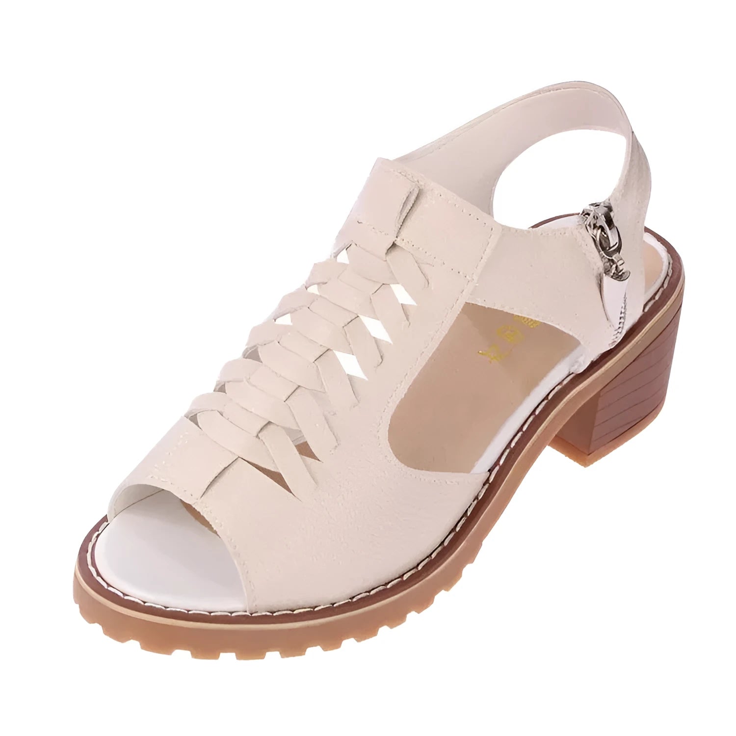 Women's retro sandals with side zipper in black, creamy white or white with mid-heel and beef tendon sole