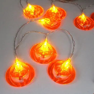 Halloween LED string lights with pumpkin, bat and ghost pendants on 1.2 metre white cable