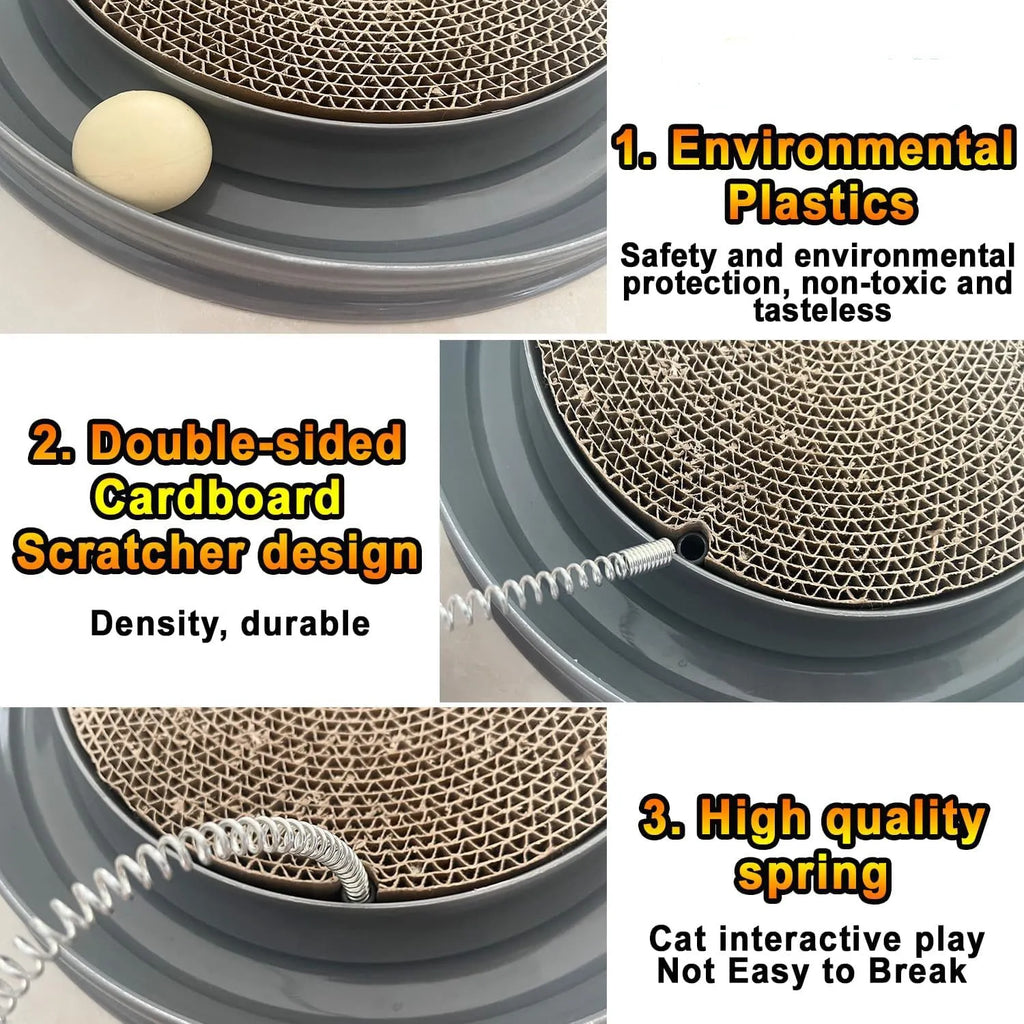 Blue interactive cat scratcher toy with round corrugated cardboard pad and rolling ball in track.