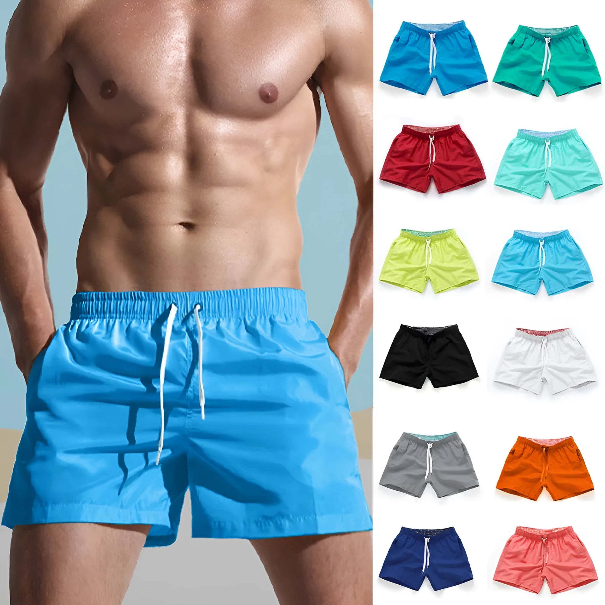 Men's plus size straight-leg beach shorts in multiple colours on a size chart.