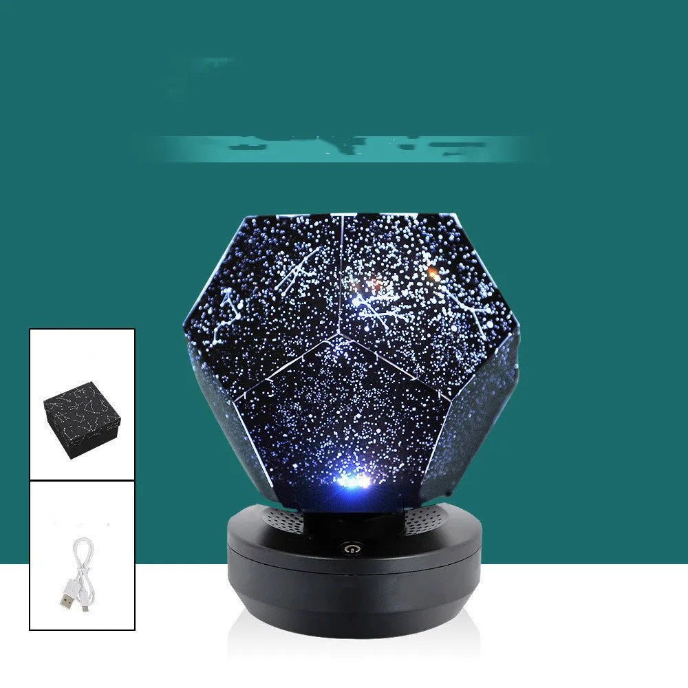 LED star projector showing 3D constellation projection on bedroom ceiling with remote control