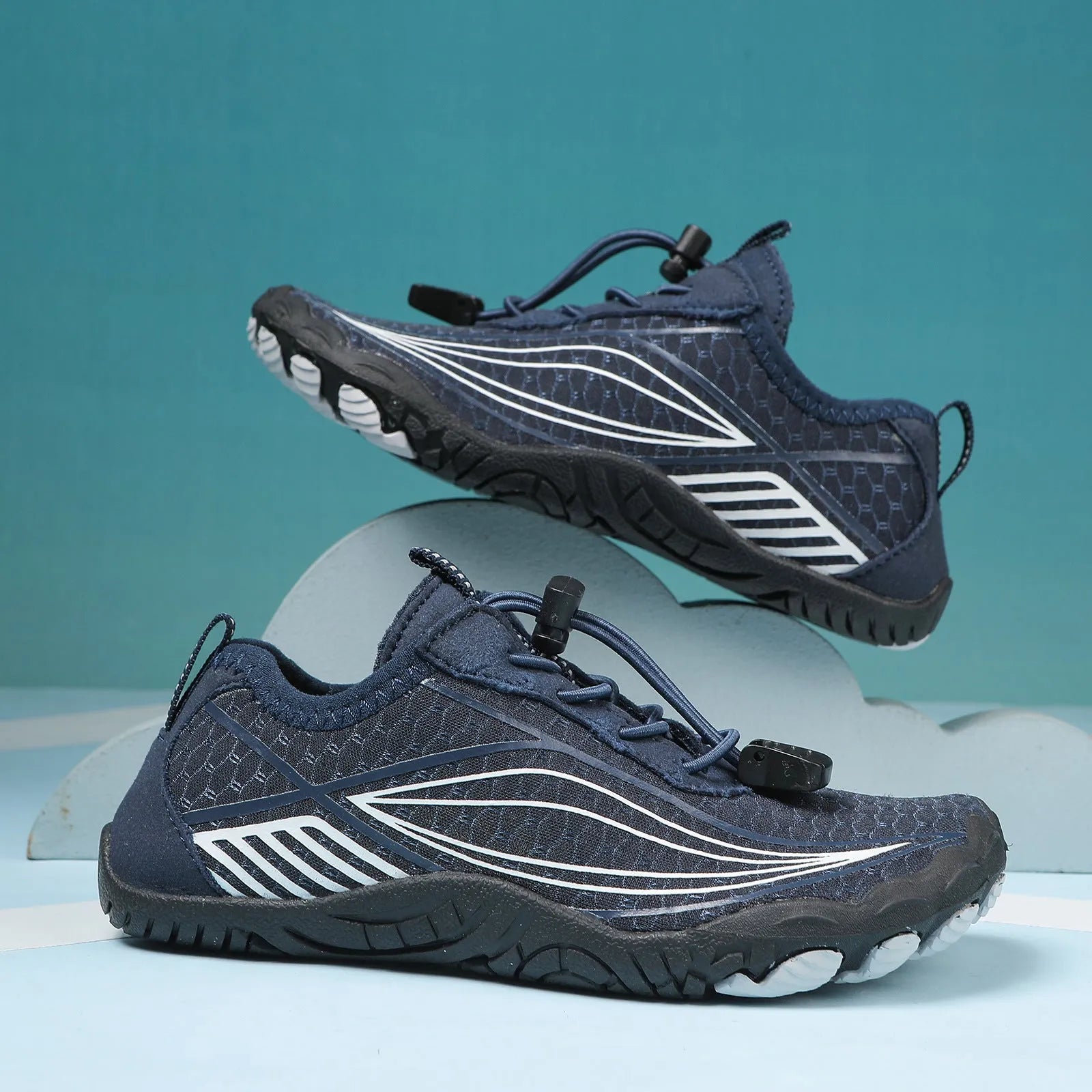 Children's quick-drying wading shoe with non-slip rubber sole and elastic band, shown in blue.