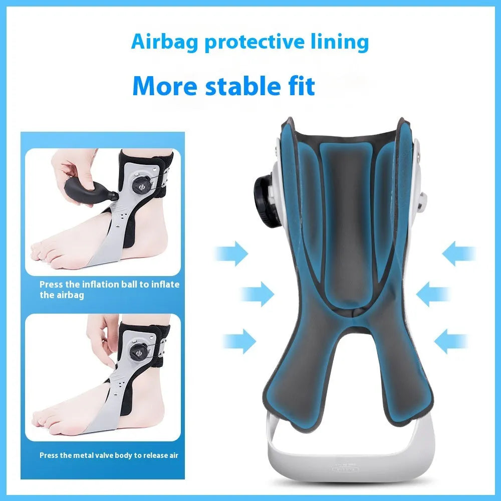 Grey and black adjustable airbag ankle support brace shown on a left and right foot.