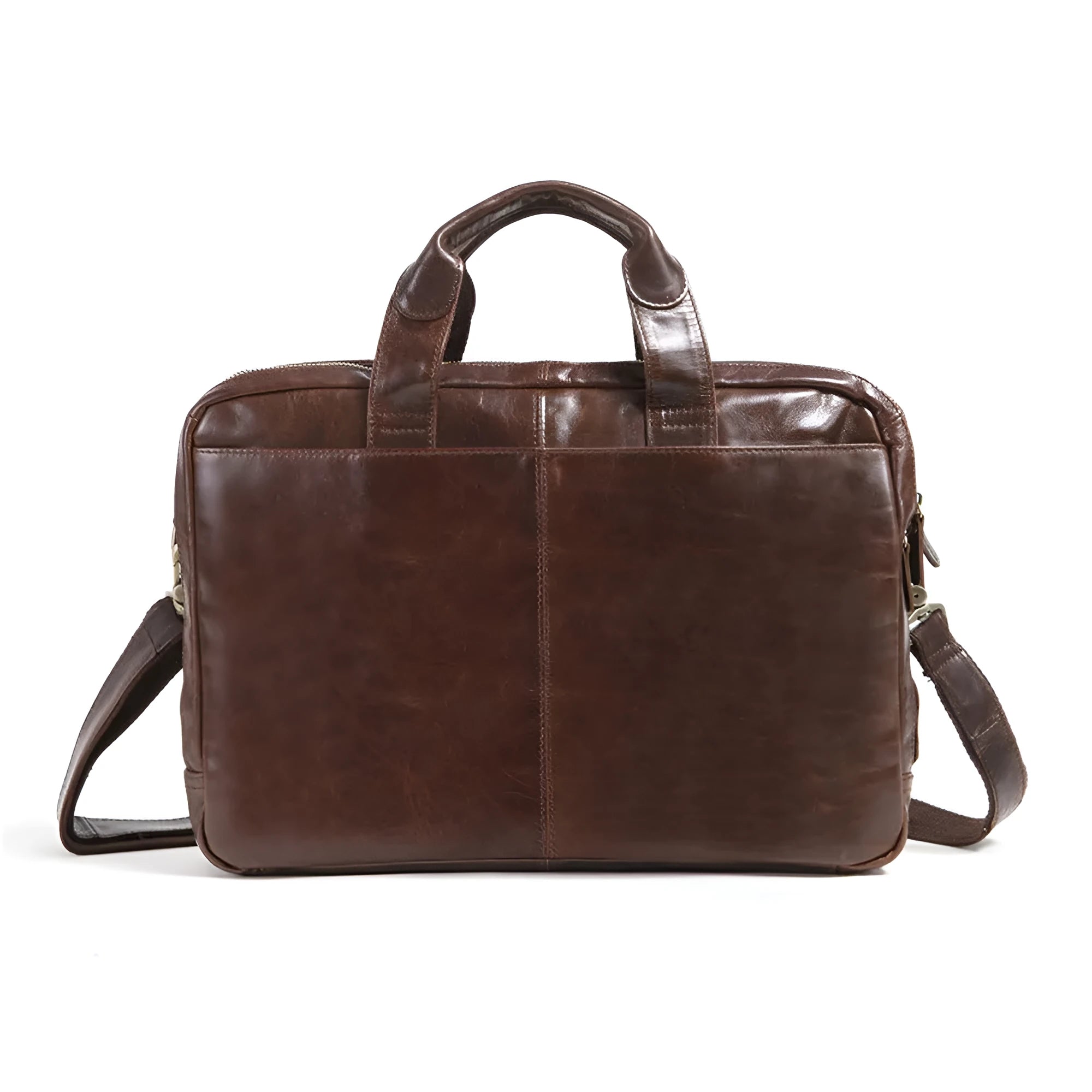 Brown leather business briefcase with 18-inch measurement for laptop storage