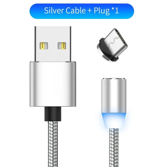YBD black magnetic LED charging cable with cotton weave, aluminium shell, and LED light shown next to a smartphone.