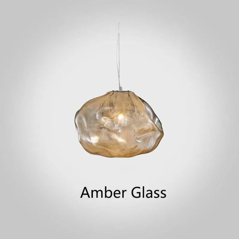 Modern fabric chandelier with glass shade shown in small and large sizes with clear, amber, and smoke grey light options.