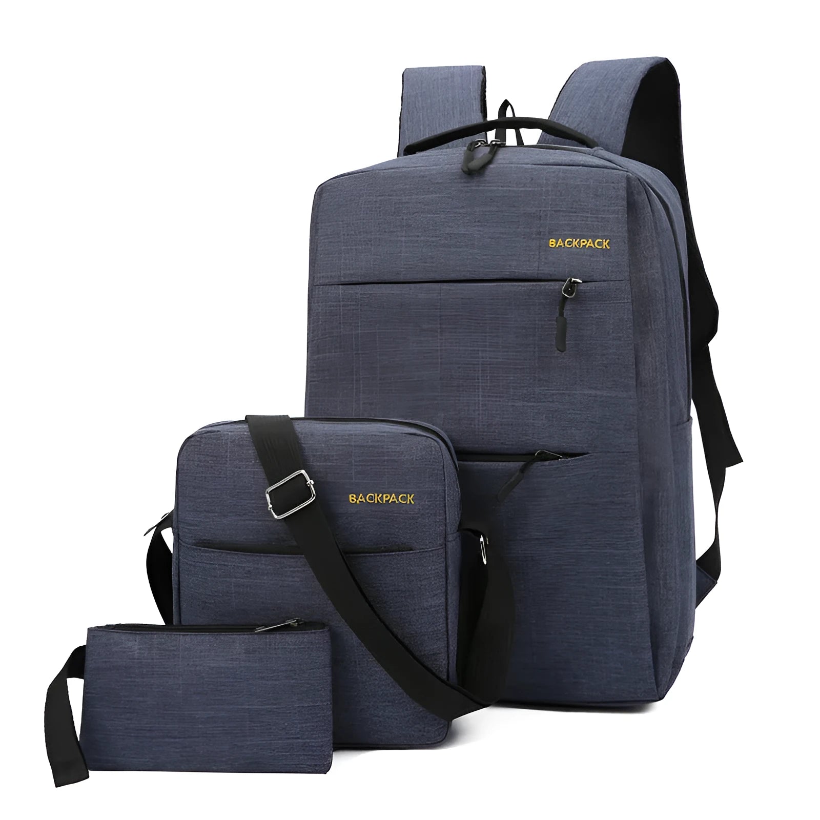 Three square nylon computer bags in black, grey, navy, or wine red, showing USB port and internal organiser pockets.