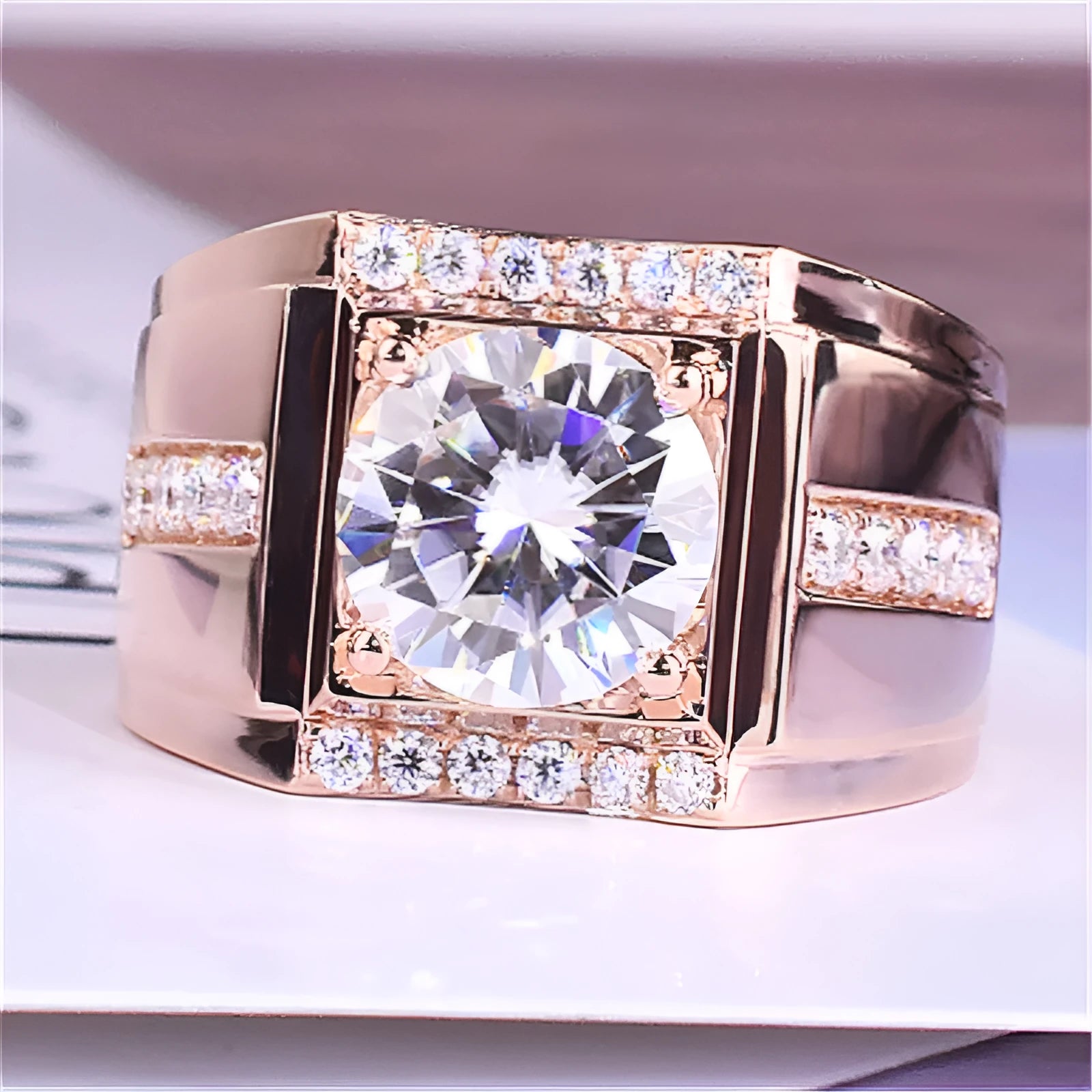 Geometric diamond zircon men's ring in rose gold on a hand, showing adjustable open mouth design.