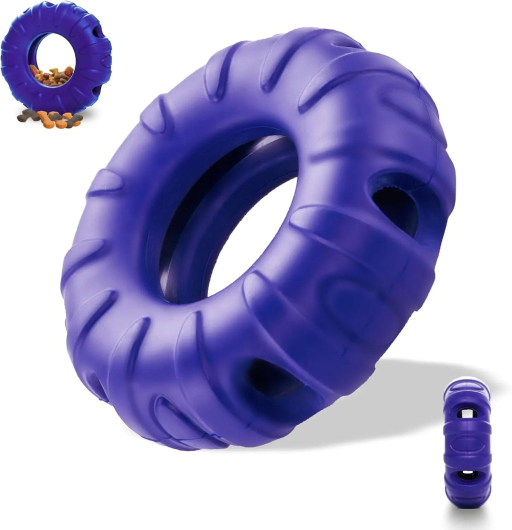 Blue natural rubber tyre-shaped dog chew toy with treat openings for slow feeding