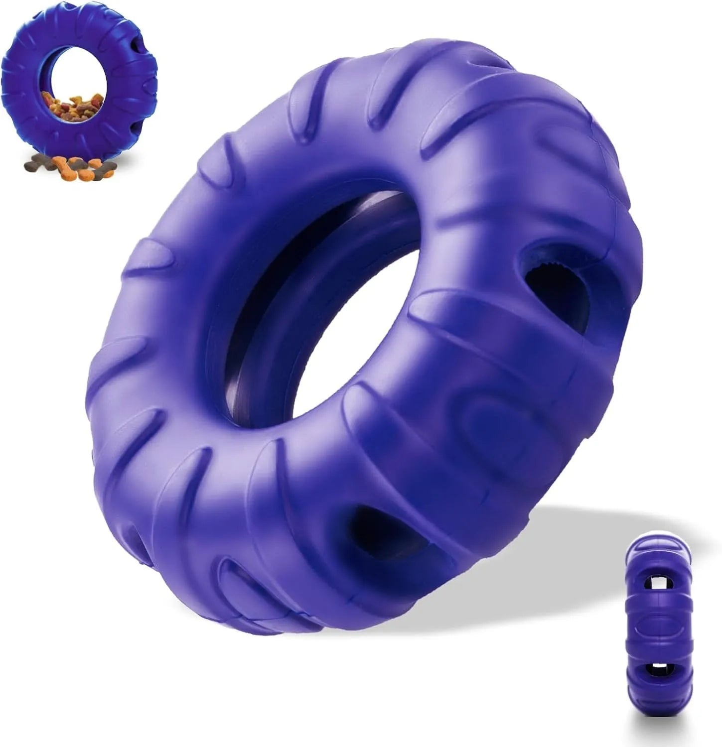 Blue natural rubber tyre-shaped dog chew toy with treat openings for slow feeding