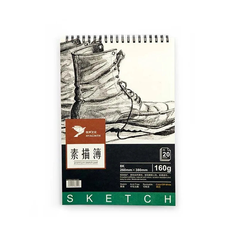 A4 sketch book with coil binding showing lay-flat pages, available in multiple paper weights and sizes for drawing