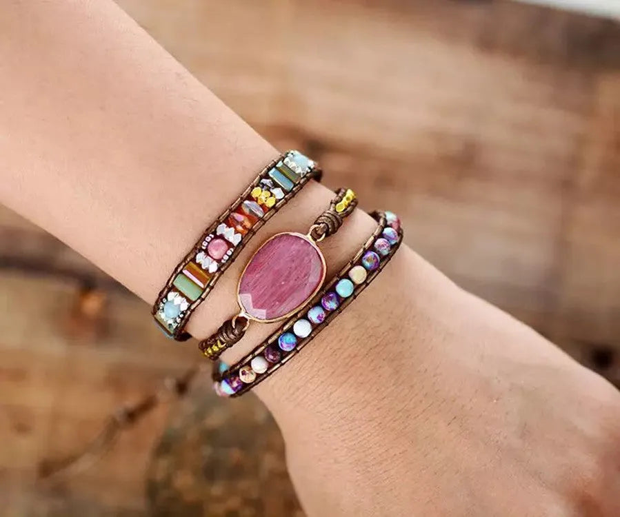 Ethnic style red wood grain leather rope crystal bracelet with egg-shaped semi-precious stone beads