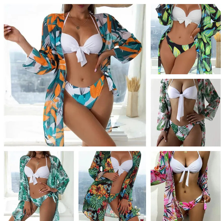 Women's three-piece bikini swimsuit with mesh split panel design in quick-drying polyester fabric