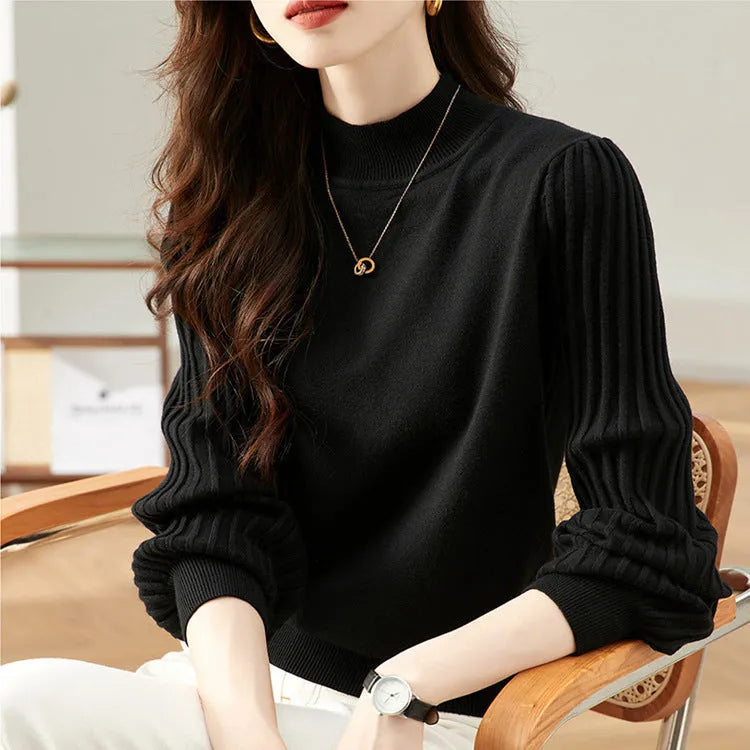 Women's slim fit half turtleneck casual shirt with sunken stripe pattern in apricot colour