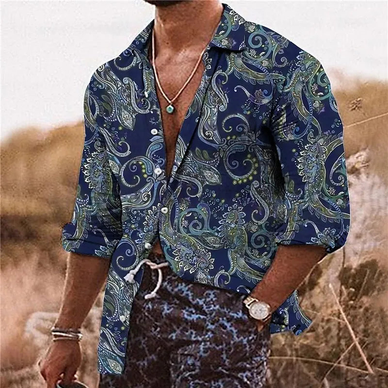 Men's loose fit bohemian style shirt with a detailed 3D floral pattern and long sleeves.