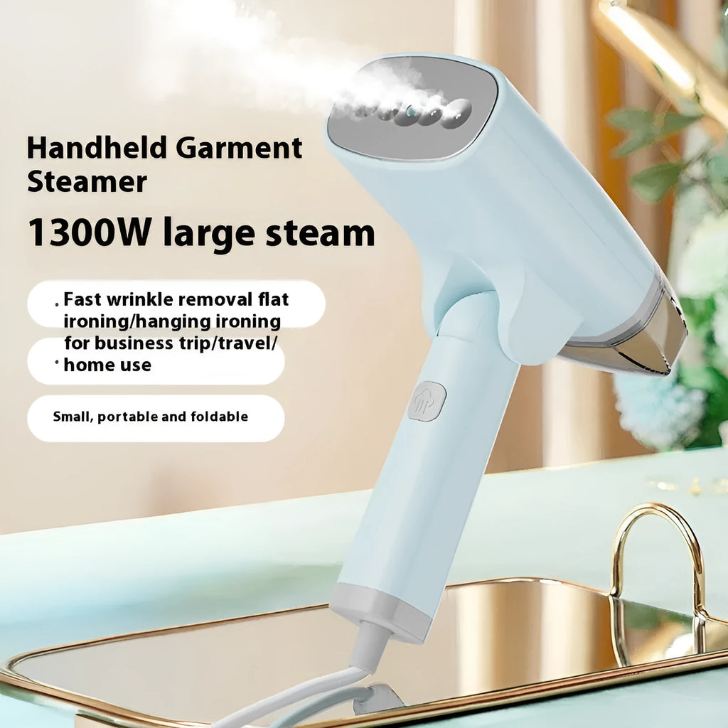 Blue handheld garment steamer with mechanical controls and hanging function