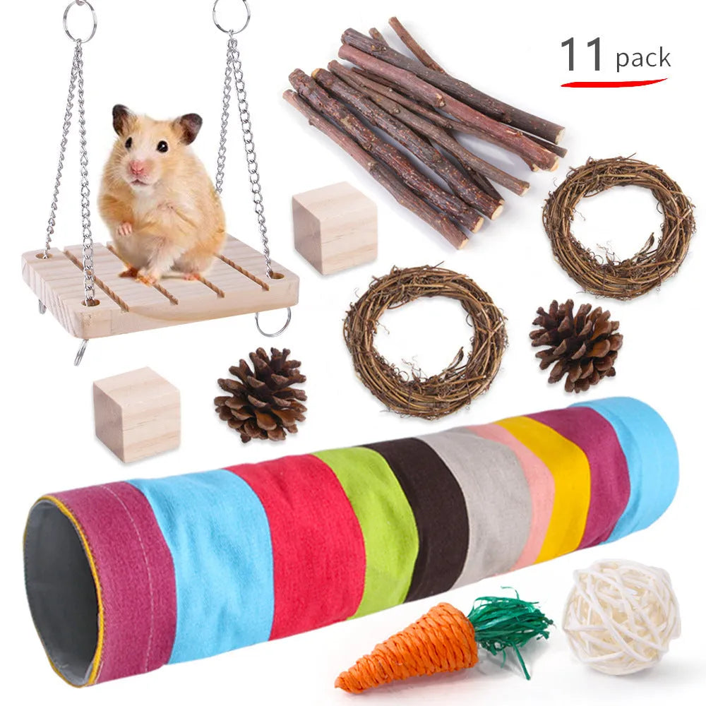 Assortment of wooden pet toys for rabbits guinea pigs and parrots in a set