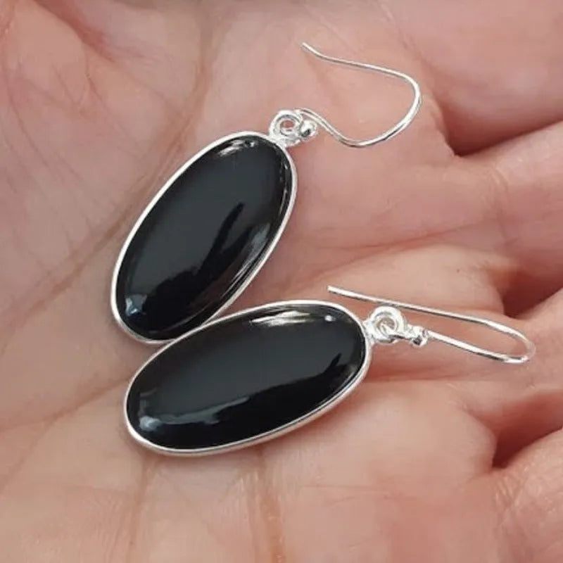 Pair of black geometric women's earrings with oval agate pendants and 925 silver ear wires.