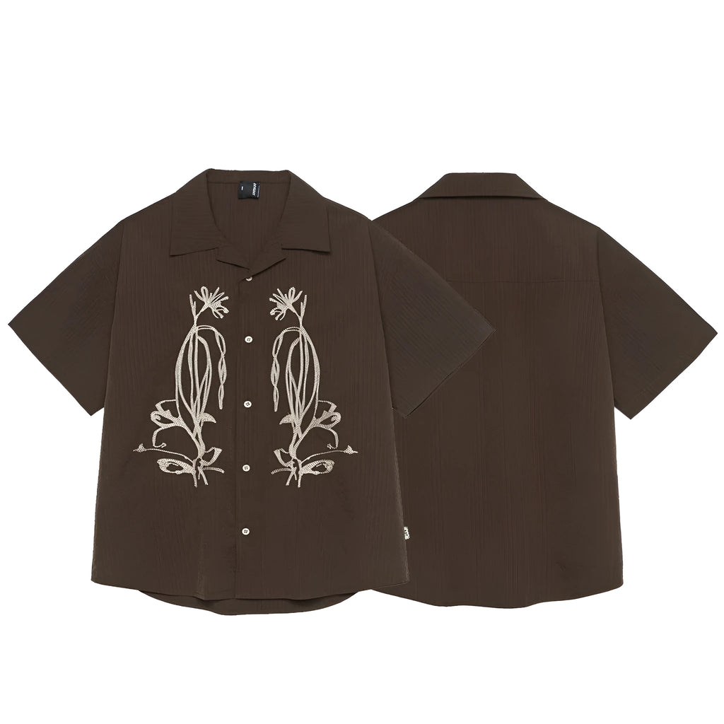 Brown striped men's outdoor shirt with Cuban collar and short sleeves