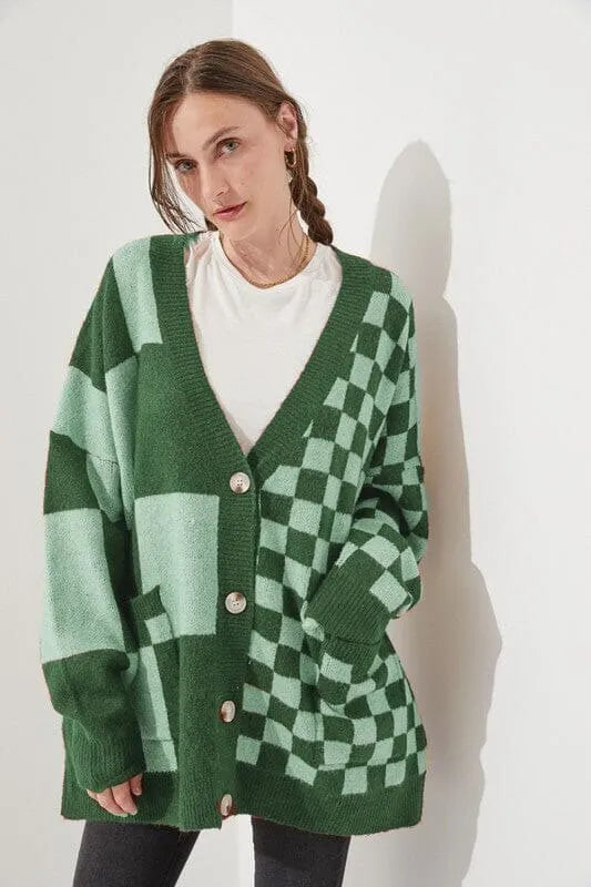 Loose fit cardigan with printed checks pattern in multiple colour options including grey, maroon and peacock blue