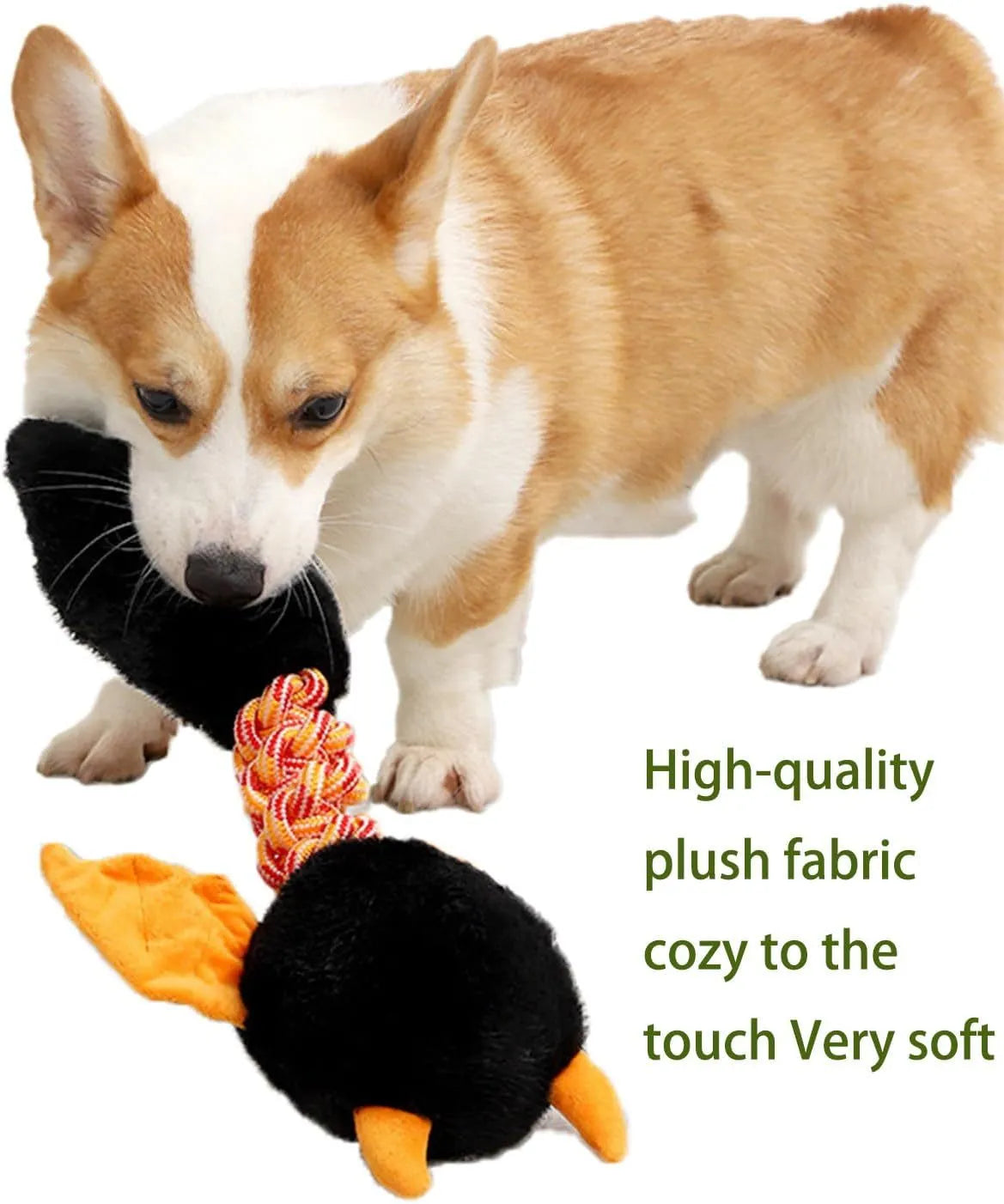 Large black plush dog toy with cartoon design, a rope knot, and a squeaker for chew play.