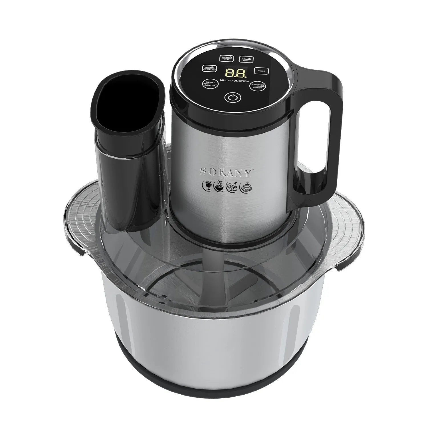 Stainless steel meat grinder machine for making baby food and sausages on a kitchen counter.