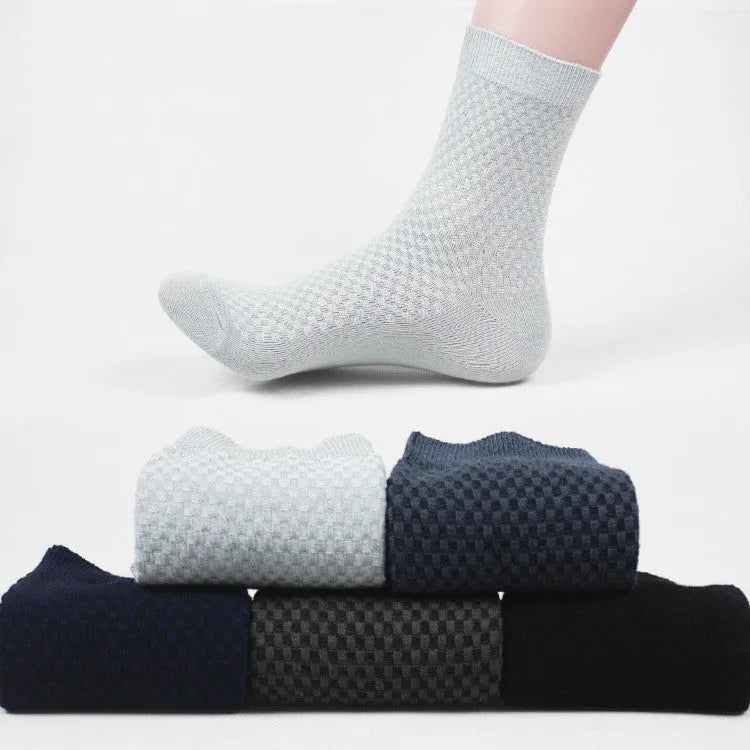 Men's bamboo fibre business socks with small square pattern in black, grey blue, iron grey, navy blue, and silver grey colours