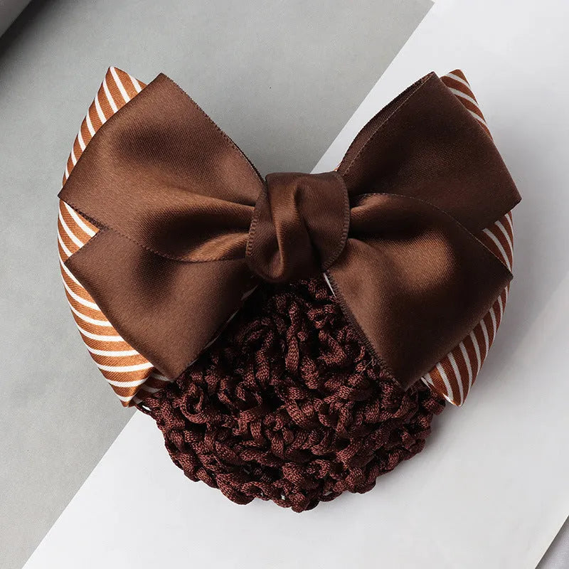 Professional waitress hair net with double bow clip in various colours including black, red, and blue mesh