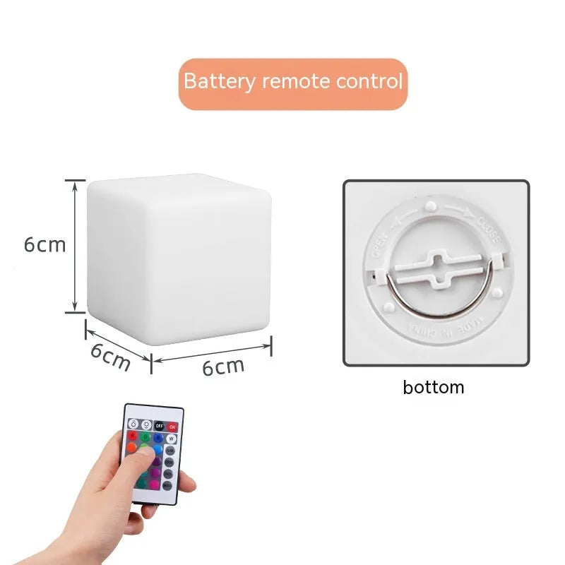Small square seven-colour LED night light in European style, shown in 60mm and 80mm sizes.