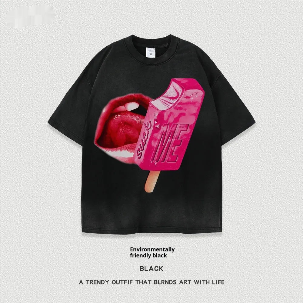 Loose fit heavy washed cotton t-shirt with a cartoon print on the front, shown in a selected colour.