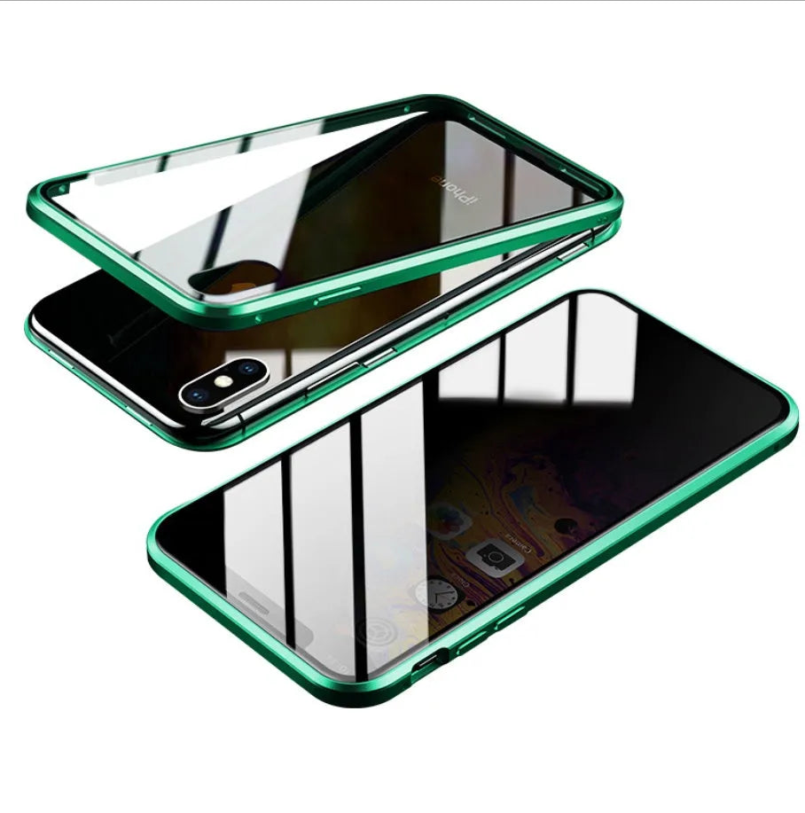 Glass clamshell anti-spy phone case for iPhone in multiple solid colours including black, blue, gold, green, red, and silver