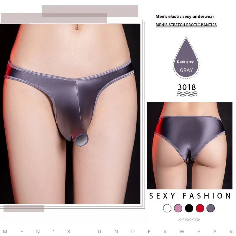 Men's shiny black low waist T-back underwear laid flat, showing the back design.