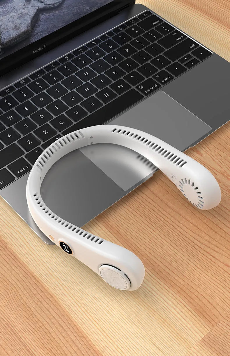 Blue USB rechargeable bladeless neck fan being worn, showing its lightweight design and flexible neckband.