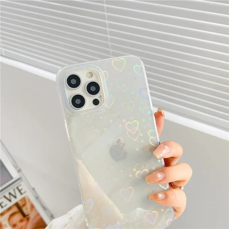 Laser colourful love and butterfly pattern transparent silicone case for iPhone on white background