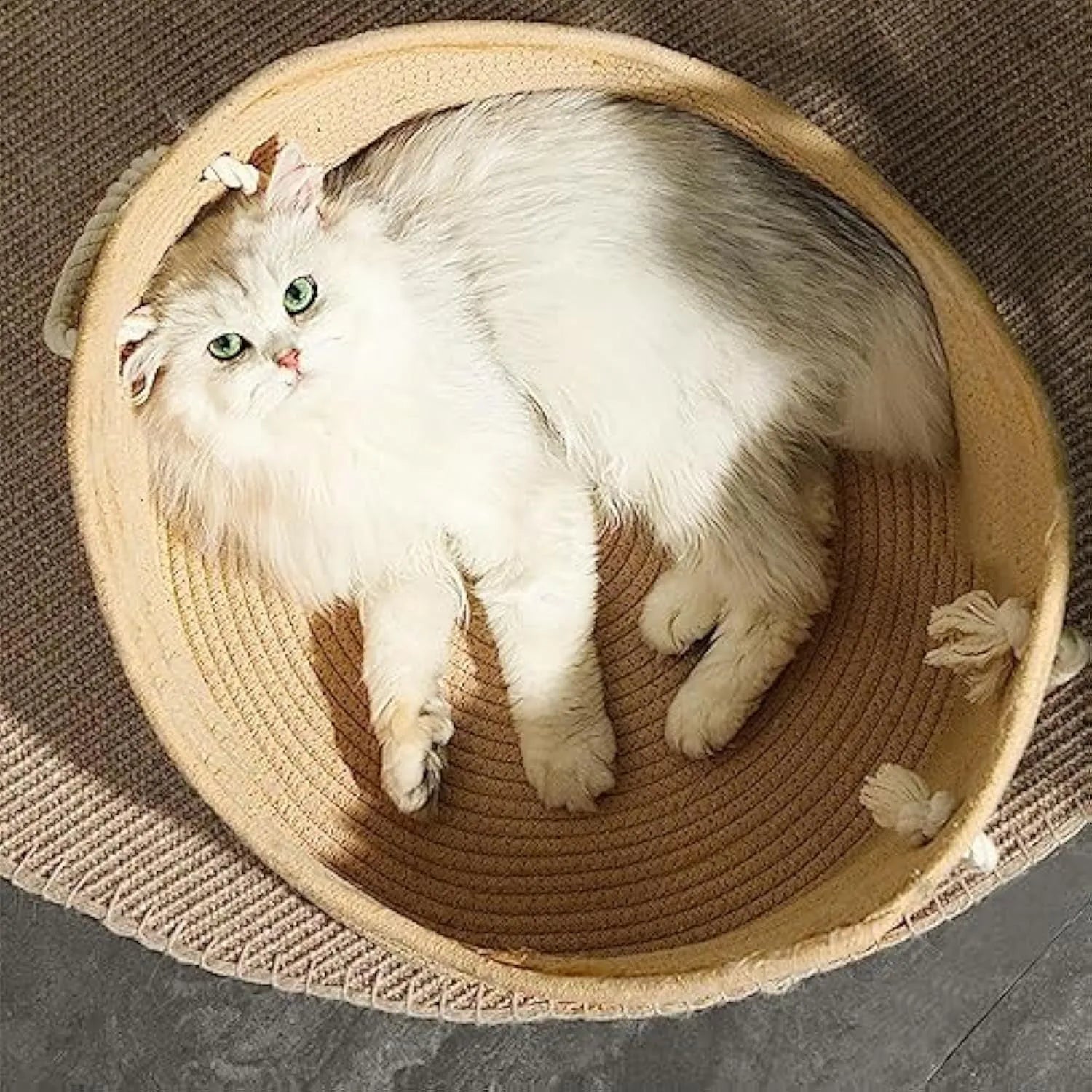 Wicker cat bed basket with corrugated scratching surface in small or large sizes