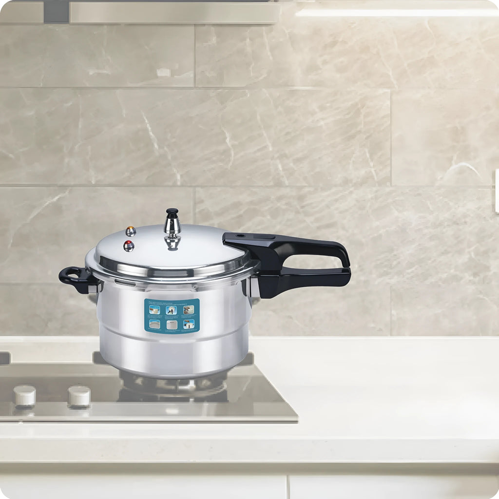White aluminium alloy pressure cooker 22cm with 5 litre capacity on a modern kitchen counter