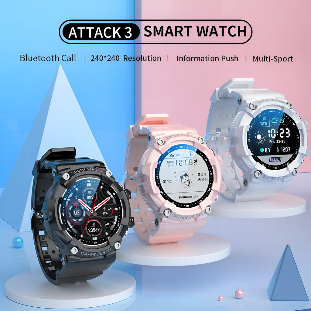 ATTACK 3 smart sports watch with round colour screen and TPU strap in black, pink, or white